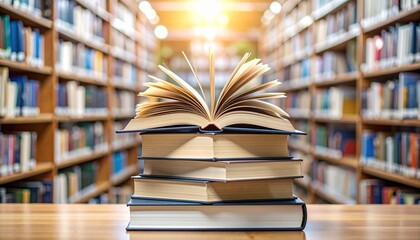 stack of books in library