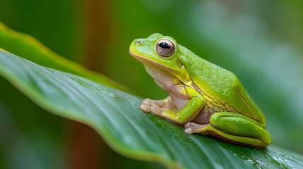Naklejka premium A vibrant tree frog rests on a tropical leaf, embodying nature's delicate beauty.