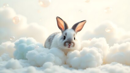 white rabbit on blue sky background, white rabbit in the snow, rabbit in the snow, easter bunny with easter eggs, white bunny with grey ear  on cotton bolls of different color , 