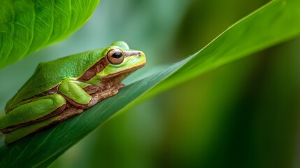A vibrant tree frog rests on a tropical leaf, embodying nature's delicate beauty.