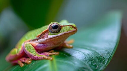 A vibrant tree frog rests on a tropical leaf, embodying nature's delicate beauty.