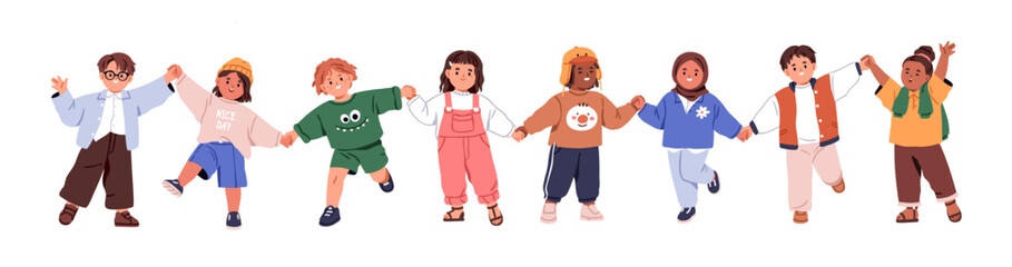 Kids holding hands, standing together. Happy little children of different race, diverse nationalities. International childs, boys and girls group. Flat vector illustration isolated on white background