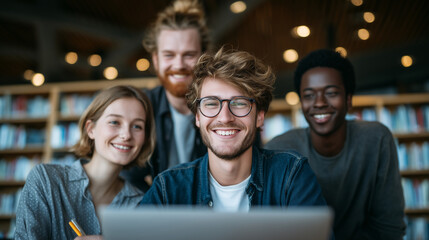 A group of happy young people in front of a laptop, with a library background, in a cinematic shot. 