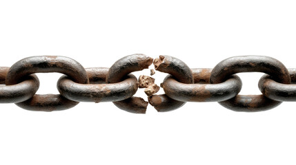 Obraz premium Broken Chain: A close-up shot of a rusted chain, with one link fractured and broken, symbolizing breakage, limitation, and a barrier overcome.