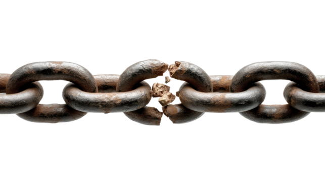 Broken Chain: A close-up shot of a rusted chain, with one link fractured and broken, symbolizing breakage, limitation, and a barrier overcome.