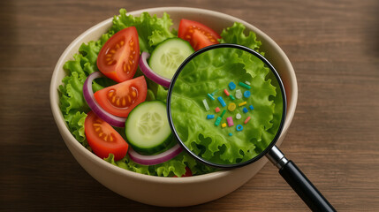 microplastics contamination in vegetables concept highlighting environmental pollution, food safety, health risk, water pollution, global warming, and climate change impact