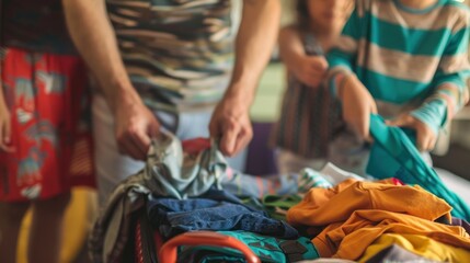 Family packing clothes for travel