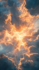 Cloudscape texture with radiant sun rays breaking through, ideal for atmospheric backgrounds, uplifting visuals, and nature-inspired compositions.