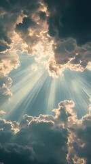 Cloudscape texture with radiant sun rays breaking through, ideal for atmospheric backgrounds, uplifting visuals, and nature-inspired compositions.