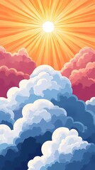 Cloudscape texture with radiant sun rays breaking through, ideal for atmospheric backgrounds, uplifting visuals, and nature-inspired compositions.