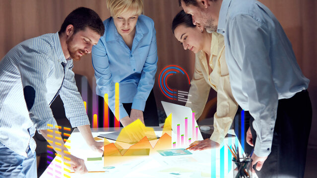 Creative collage. Business team focused on interactive 3D charts, bar graphs and infographics while discussing data growth during meeting. Concept of business growth, financial growth, strategy