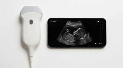 portable smart ultrasound device connected with mobile phone highlighting medical handheld imaging technology monitoring and healthcare innovation