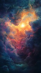 Cloudscape texture with radiant sun rays breaking through, ideal for atmospheric backgrounds, uplifting visuals, and nature-inspired compositions.