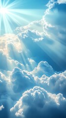 Cloudscape texture with radiant sun rays breaking through, ideal for atmospheric backgrounds, uplifting visuals, and nature-inspired compositions.