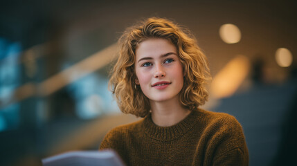 Editorial eye-level shot of an attractive woman in her early 20s with shoulder-length blonde curly hair wearing a dark brown sweater, sitting at work during the day, with a blurred background, 