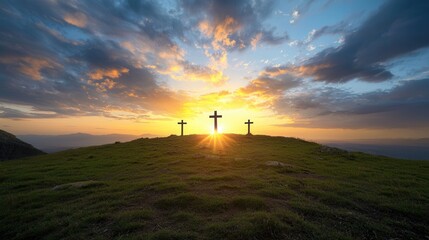 Obraz premium Majestic silhouetted crosses stand tall against a dramatic moody sky filled with colorful clouds and a vibrant sunset This serene powerful scene evokes feelings of spirituality faith