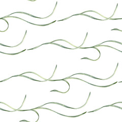 Seamless watercolor pattern with soft green flowing leaves isolated. Elegant botanical repeat background with horizontal wavy foliage elements hand drawn for fabric, packaging, minimal nature prints.
