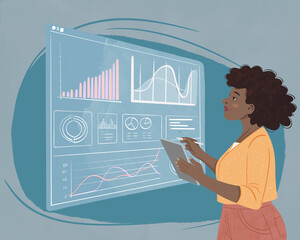 Illustration of a person analyzing data on a virtual screen with graphs and charts