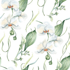 Seamless floral pattern with white orchids, lily buds, and soft green leaves isolated on. Flowers pastel watercolor on repeat background hand painted for botanical packaging, wedding paper, prints.