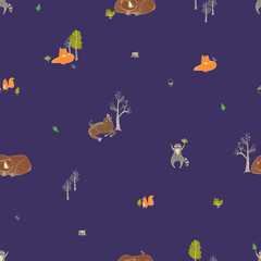 Cute seamless pattern with forest doodle animals drawn in Scandinavian style.