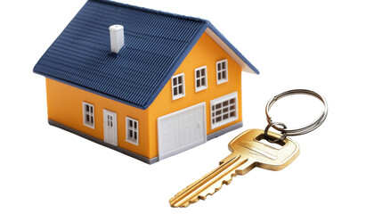 A vibrant yellow two story house with a sleek blue metal roof and a set of house keys representing the security and ownership of a residential property