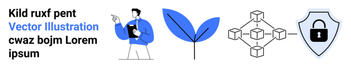 Man holding a clipboard gesturing, abstract leaf symbol, block diagram, and shield with a lock. Ideal for technology, blockchain, cybersecurity, sustainability, business data protection simple