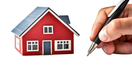 A hand holding a pen sketching and designing the architectural plan for a cozy red wooden house with and a door