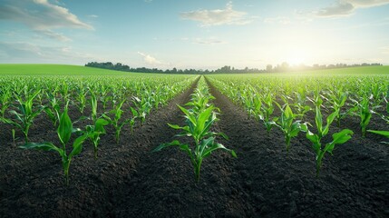 Vibrant green corn plants in neat rows stretching across a fertile agricultural field bathed in the warm glow of the rising sun and set against a backdrop of a picturesque countryside landscape