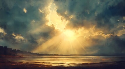 Radiant sun rays over soft cloud texture, great for inspirational backgrounds, weather visuals, and ethereal design projects.