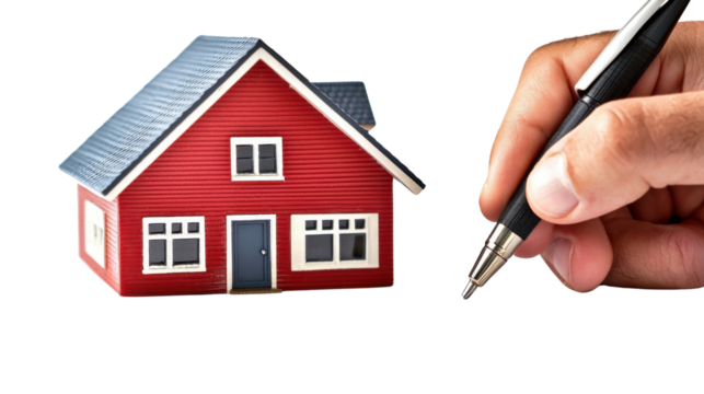 A hand holding a pen sketching and designing the architectural plan for a cozy red wooden house with and a door