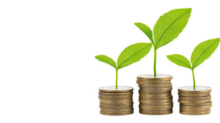 A conceptual image depicting financial growth and sustainability with a young plant seedling growing on stacks of coins symbolizing the potential for investment profit
