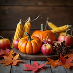 Pumpkins, corn, apples, and cinnamon sticks with falling autumn leaves and subtle breeze animation