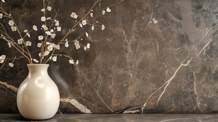 Elegant vase with delicate flowers on a dark marble surface