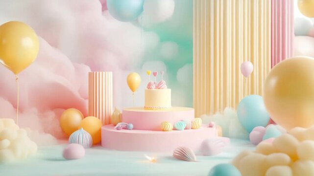 Colorful pastel birthday cake setup with balloons and decor