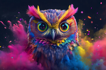 Colorful owl surrounded by vibrant splashes of paint, showcasing artistic expression and creativity