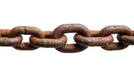 Rusty Chain: An isolated view of a strong, rusty chain, symbolizing strength, constraint, or the passage of time. Its weathered texture adds to the symbolic weight.