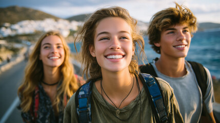 Naklejka premium A photo of two young men and one woman, all smiling, wearing tie-dye t-shirts with backpacks on their backs, walking along the coast in Greece at sunset. 