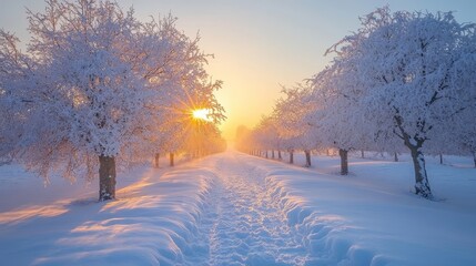 tranquil snowy orchard with rows of frosted apple trees illuminated by golden morning light, Generative AI