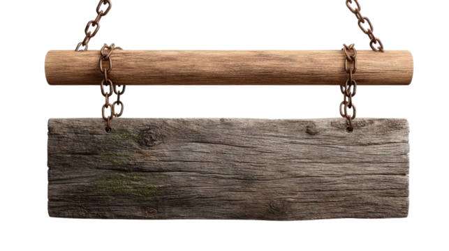 Rustic Wooden Sign: A weathered, textured wooden sign hangs suspended from sturdy chains, offering a timeless and inviting space for messages, evoking a sense of heritage and authenticity.