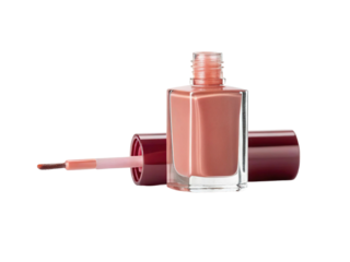 Beige nail polish bottle with brush isolated on transparent background