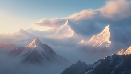 A serene mountain range during alfajar with golden sunlight gently illuminating the snowy peaks