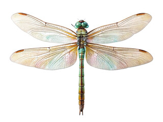 Dragonfly with iridescent wings isolated on transparent background, detailed macro view