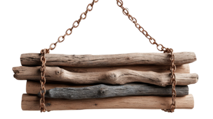 Artistic Driftwood Sign: A rustic sign composed of weathered driftwood logs suspended gracefully by a delicate chain, exuding a sense of natural elegance and inviting serenity.
