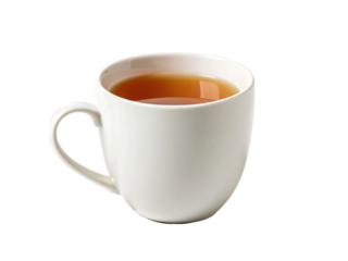 White tea cup with hot beverage isolated on transparent background, close-up view