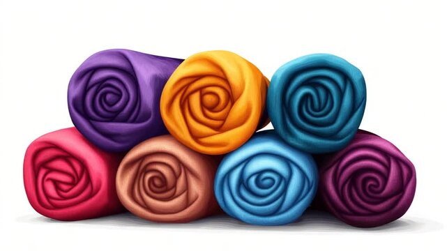 Colorful rolled blankets stacked in a cozy arrangement