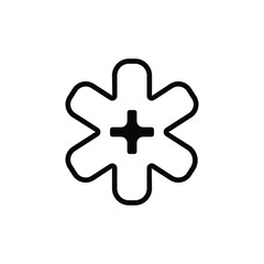 A simple black and white icon of a plus sign in a medical star shape.