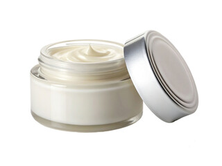 Open jar of white face cream isolated on transparent background for skincare