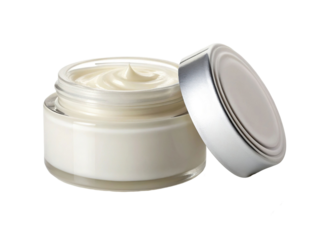 Open jar of white face cream isolated on transparent background for skincare