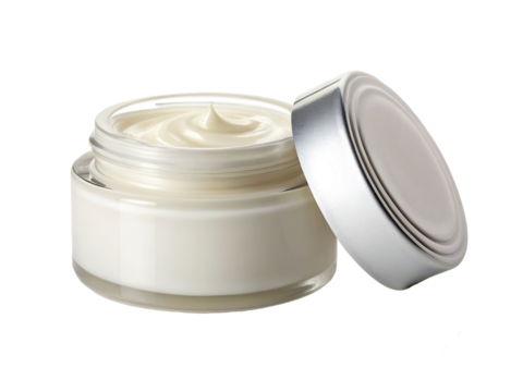 Open jar of white face cream isolated on transparent background for skincare