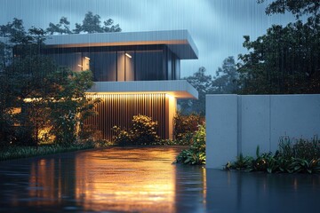 Modern house illuminated at dusk during rainfall in a lush green setting